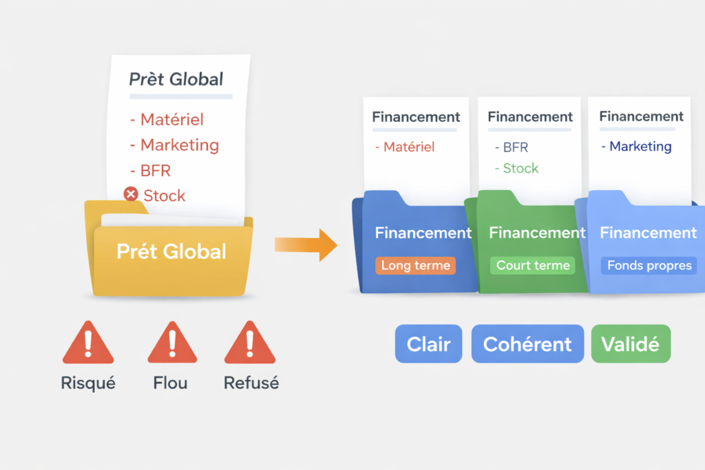 Schéma pédagogique montrant la différence entre un dossier de financement flou refusé et un montage financier clair, des objets explicites et validés par la banque