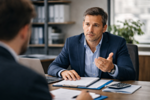 Chef d’entreprise discutant d’un plan de financement avec un interlocuteur en face à face