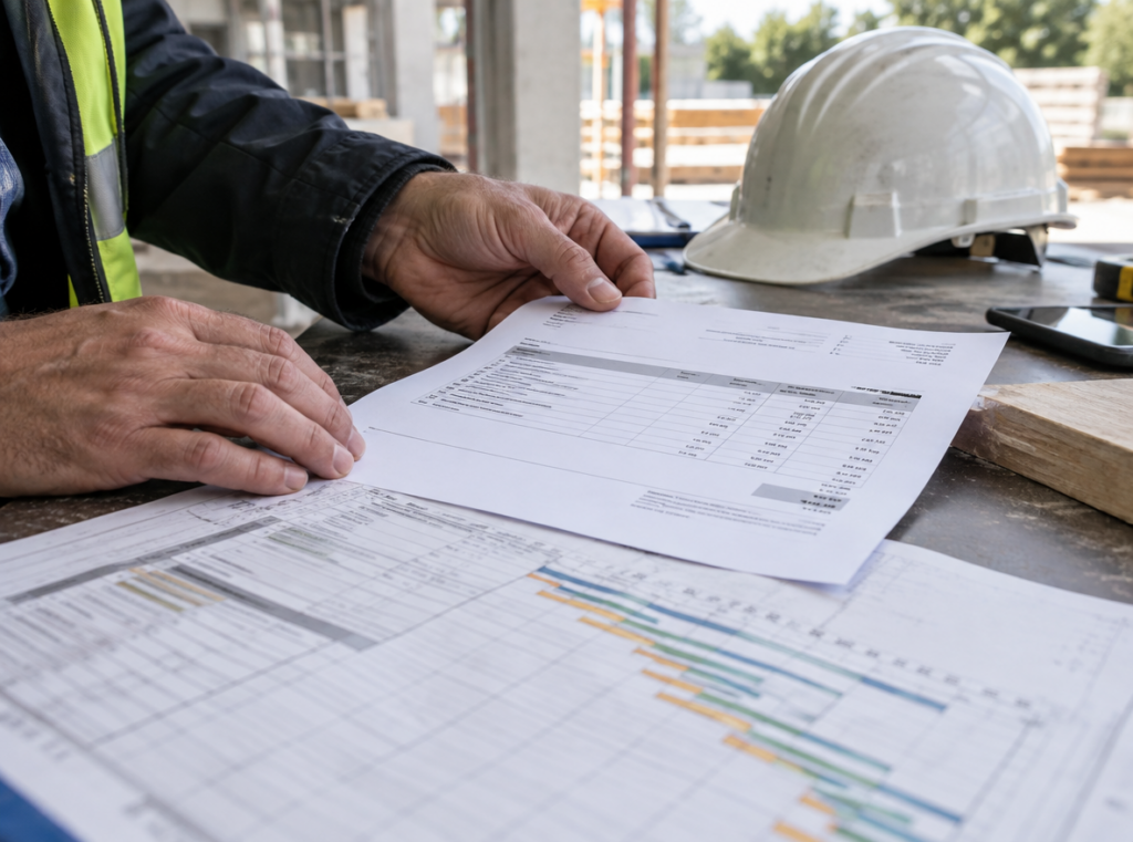 Entrepreneur du BTP croisant ses facturations et le planning de chantier